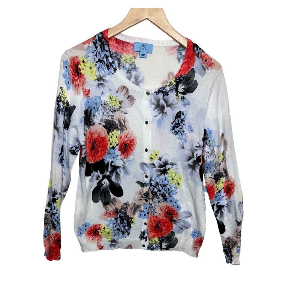 NWT CeCe Floral Print Button Down Cardigan size Large White/Red/Blue